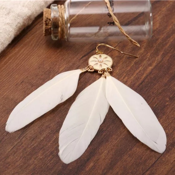 Natural Feather Alloy In Golden Bohemian Earrings - Picture 3 of 7